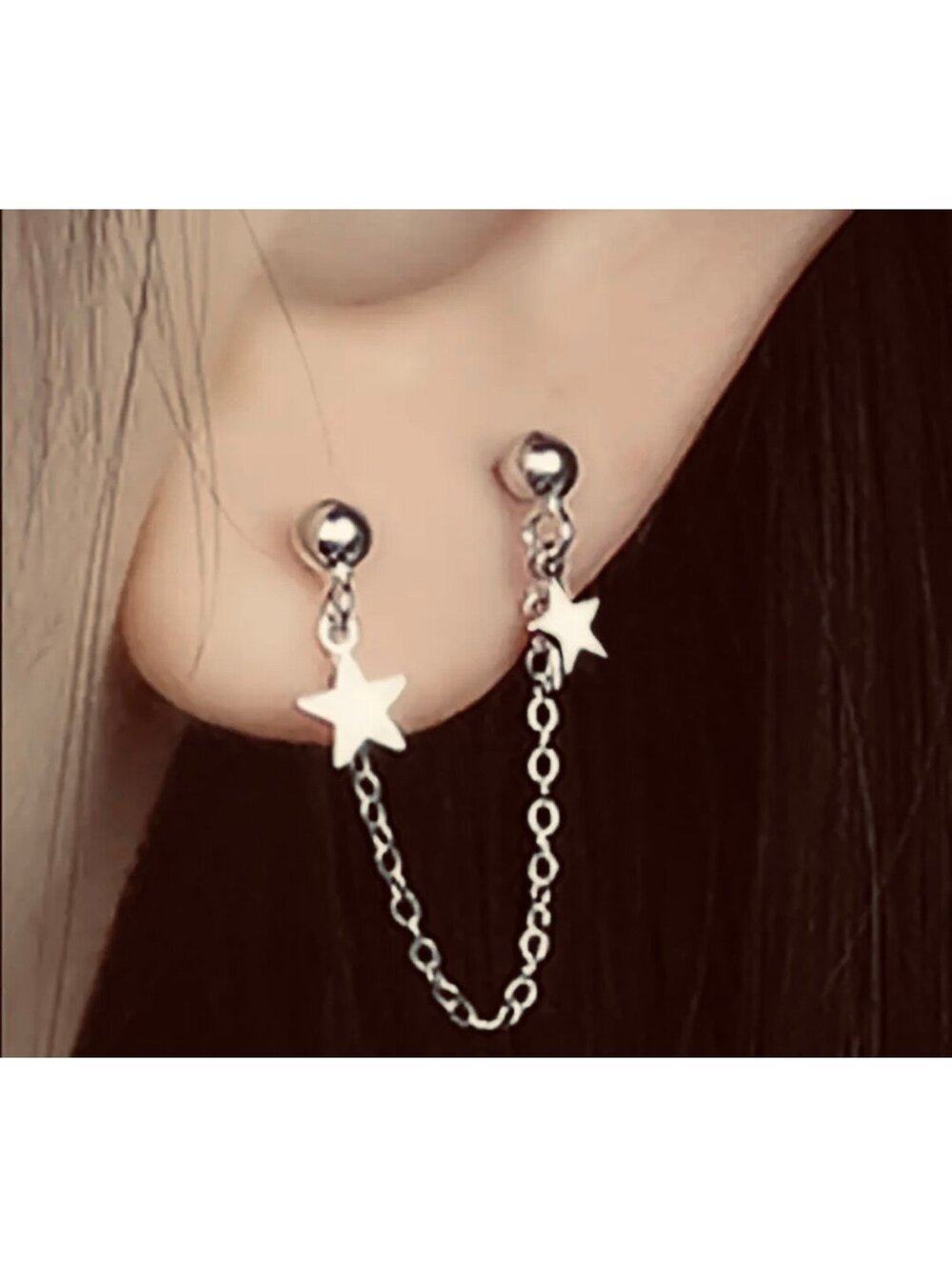 New - Stainless Steel Double Stars Bajoran Chain Dangle Stud Earrings